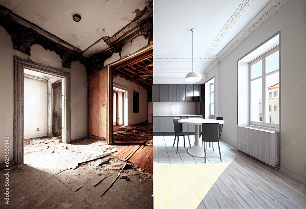 Apartment or room before and after renovation. Renovation concept. AI generative. Apartment or room before and after renovation. Renovation concept. AI generative.