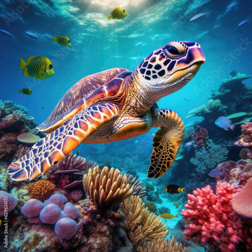 marine turtle swimming in a vibrant coral reef emphasizing the need to protect our marine ecosystems. . © Justlight