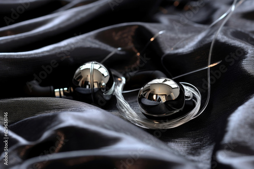 A sleek pair of earphones gleaming with a glossy sheen resting patiently on a bed of black velvet. .