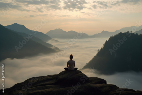 A person sitting in a yoga pose at the edge of a mountain peak surrounded by clouds and a foggy horizon finding stillness in the midst .