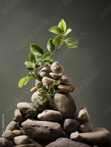 A plant sprouting from a pile of stones signifying the effort and the progress made to achieve personal growth. .