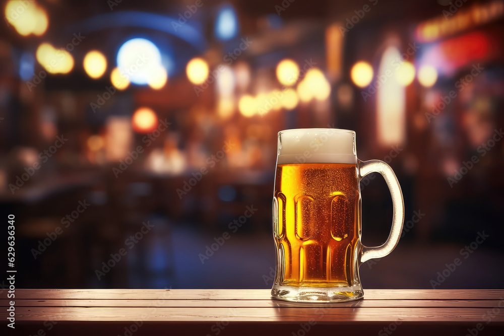 A classic beer mug filled with light beer stands on a wooden table on a blurred background. Copy space for text. A classic beer mug filled with light beer stands on a wooden table on a blurred background. Copy space for text.