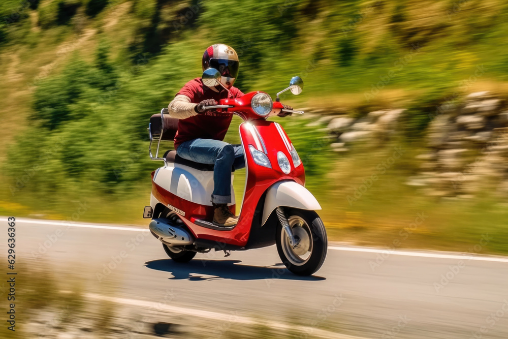 An electric scooter accelerating downhill its white and red body gleaming in the summer sun. .