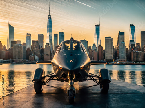 Digital photorealistic photo of a Futuristic vertical takeoff vehicle. Futuristic passenger transport concept. photo