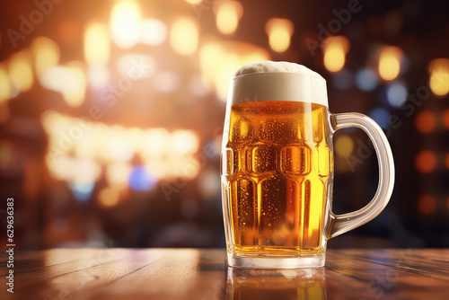 A classic beer mug filled with light beer with white foam stands on a wooden table on a blurred background. Copy space for text.