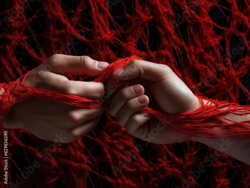 A red thread intricately weaving through the hands of two people representing the bond that can be formed in seeking and providing .