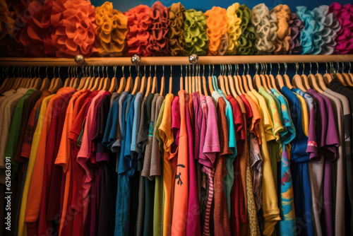 A rack full of clothing in vibrant colors made from sustainable materials with a tag that reads Made with love and respect for the .