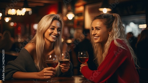 2 Beautiful Girls at the Bar Drinking some Cocktails. Elegant & Sexy Dress.