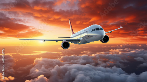 Passengers commercial airplane flying above clouds sunset