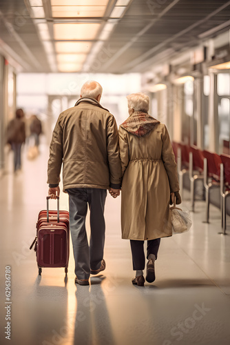  Old people walking in the airport. Ai generation.