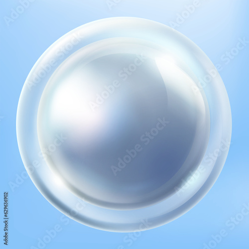 Transparent round glass button inside pearl blue molecule. isolated on a blue background. 3d vector illustration.