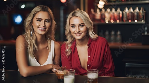 2 Beautiful Girls at the Bar Drinking some Cocktails. Elegant & Sexy Dress.