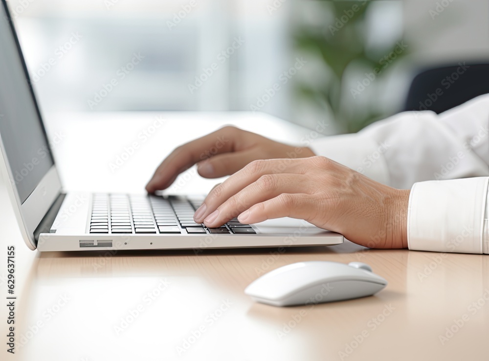 Woman using PC mouse while working on computer at table, closeup. Created with Generative AI technology. Woman using PC mouse while working on computer at table, closeup. Created with Generative AI technology.
