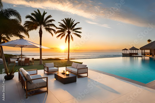image of a luxurious swimming pool with loungers, umbrellas, palm trees, a beach, the sea
