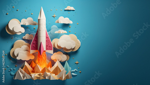 Rocket launching into sky in quiling paper style. Concept of startup business taking off. photo