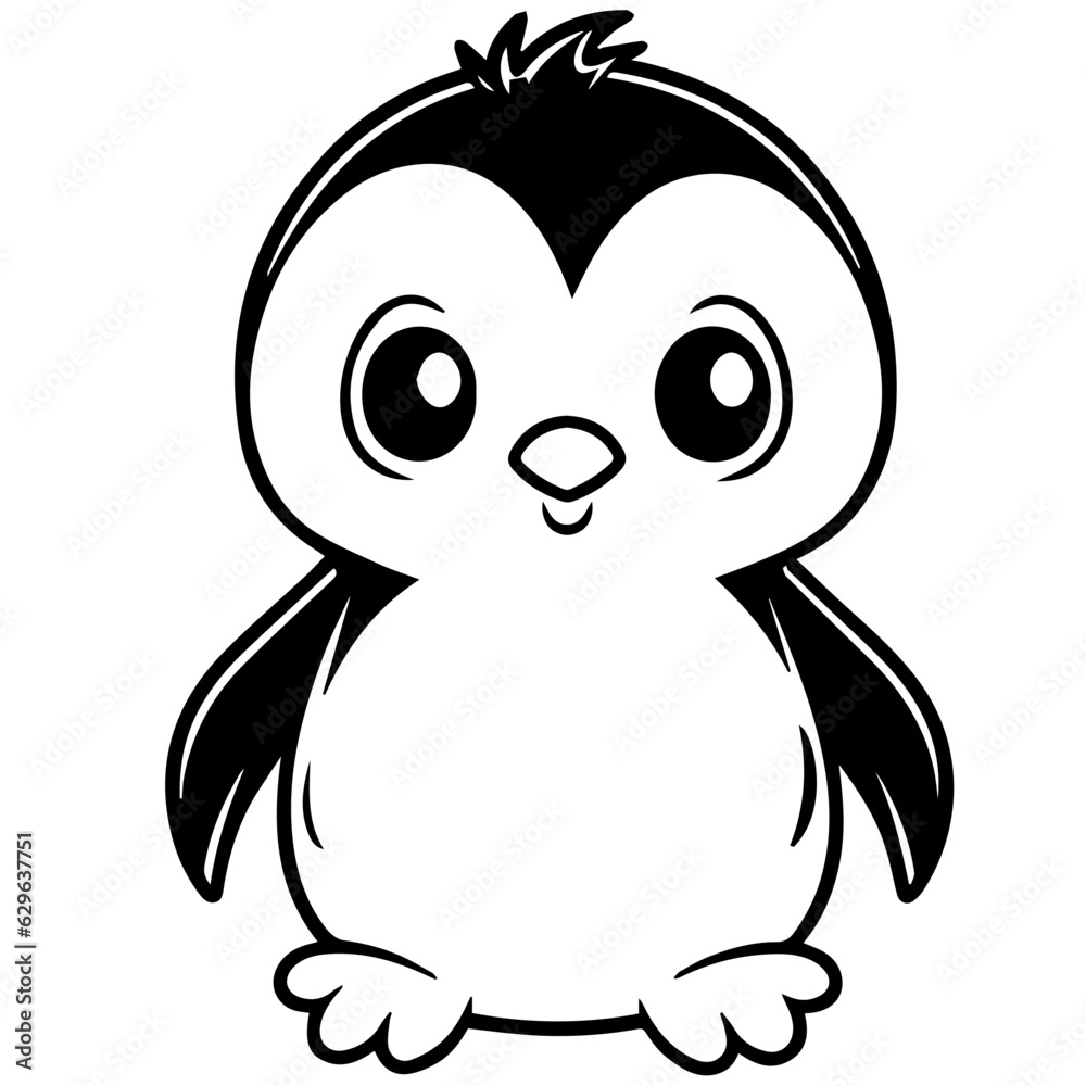 Colorless funny cartoon penguin. Vector illustration