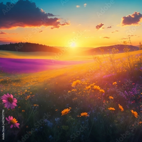 A vibrant meadow of wildflowers illuminated by the setting sun, creating a dreamy abstract summer landscape.  © Naveen