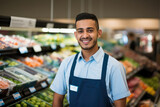 Smiling young male supermarket worker looking at the camera.