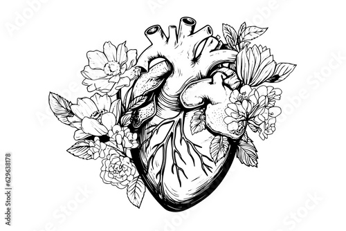 Valentine day card vintage illustration. Floral anatomical heart. Vector illustration
