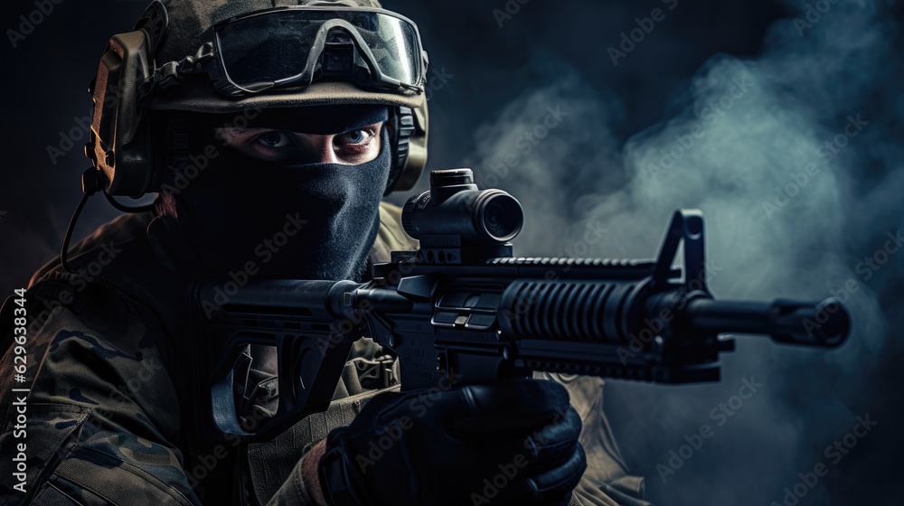 Special forces soldier holding a gun. Private army mercenary. Special forces soldier holding a gun. Private army mercenary.