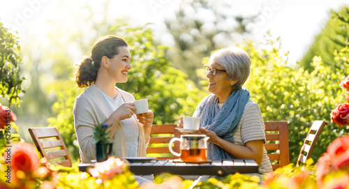 Foto women drinking tea in the garden