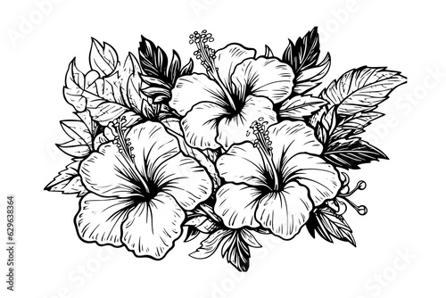 Hibiscus flowers in a vintage woodcut engraved etching style. Vector illustration.