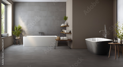 Gray tile bathroom interior with tub and double sink on empty space for text. AI Generative.