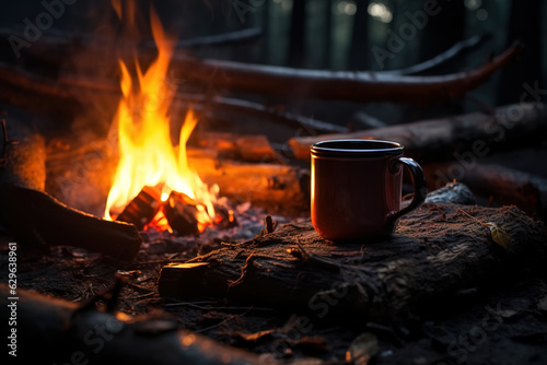 Close-up of a mug standing near a burning fire in the night forest. Hike concept