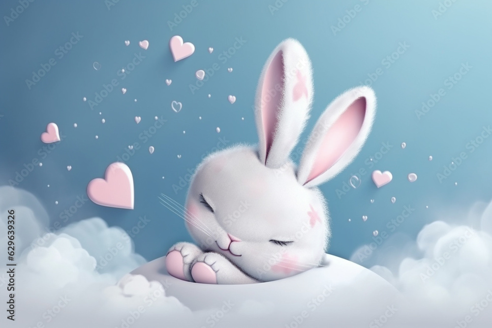 cute rabbit falling asleep on the clouds in front. Generative AI. cute rabbit falling asleep on the clouds in front. Generative AI.
