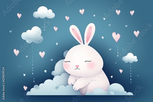cute rabbit falling asleep on the clouds in front. Generative AI. © Gassenee