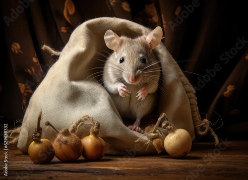 closeup the vole mouse nibbles the sack of grain in the storehouse Created with Generative AI technology. photo