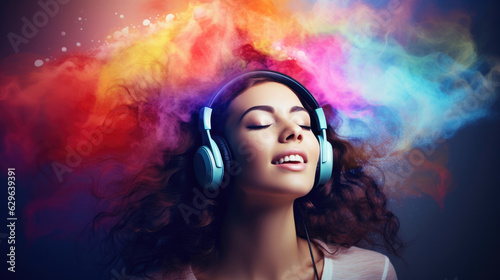 Young woman with headphones listening music and singing loud