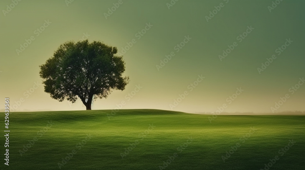 Fototapeta premium Green meadow and alone green tree. AI Generative.