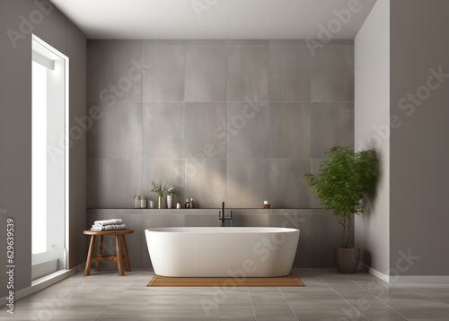 Gray tile bathroom interior with tub and double sink on empty space for text. AI Generative.