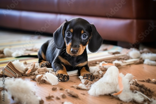 The dachshund puppy tore the pillow, the sofa and sits among the mess. photo