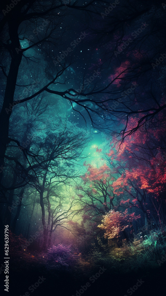 Fototapeta premium Enchanted dark forest multicolored space for text. AI Generative.