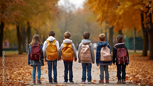 Group of children with rucksacks standing in the park near the school from behind. Illustration created with AI. study