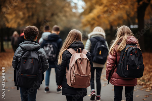 Group of children with rucksacks standing in the park near the school from behind. Illustration created with AI. study