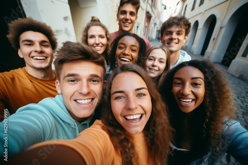 A group of friends takes a selfie, wide angle view.