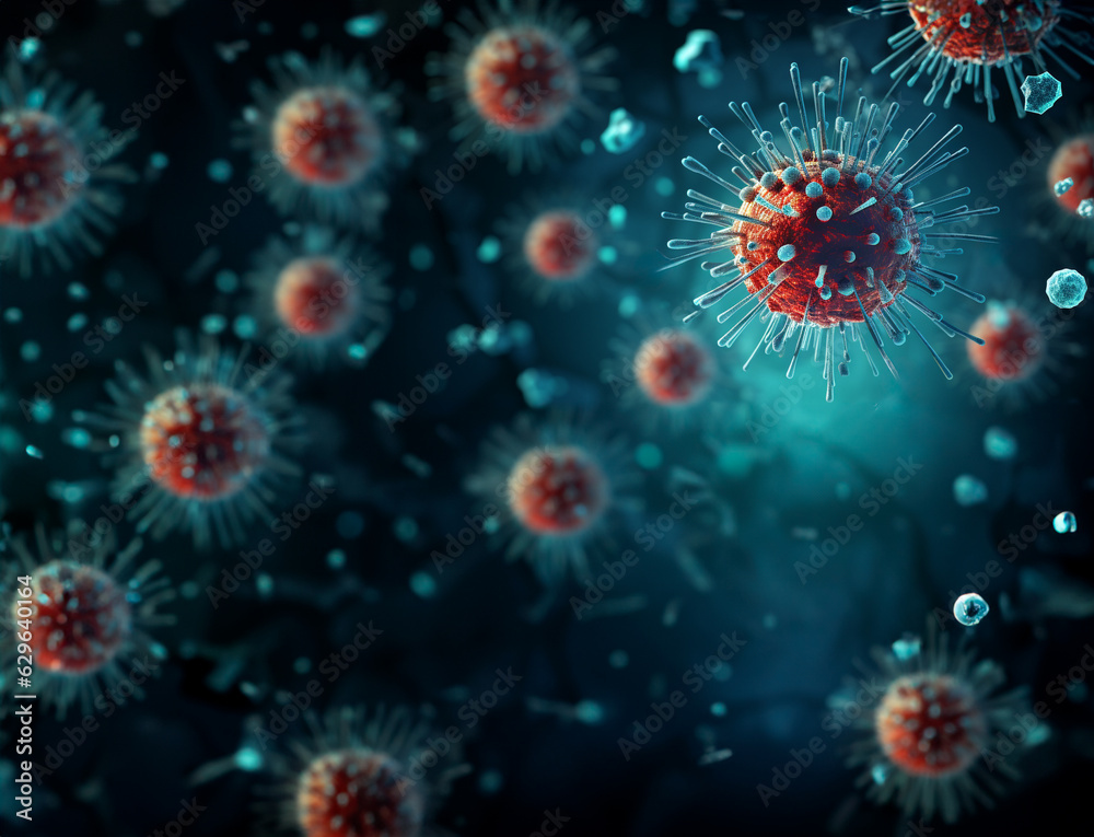 Coronavirus (COVID-19) pandemic risk concept of the COVID-19 virus disease Virus microscope close up view. Generative AI. Coronavirus (COVID-19) pandemic risk concept of the COVID-19 virus disease Virus microscope close up view. Generative AI.