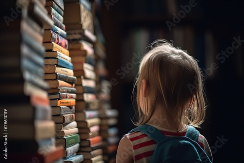 Illustration of child from the back looking at a pile of new and old books. Child imagining how much knowledge he needs to acquire over time. Generative AI