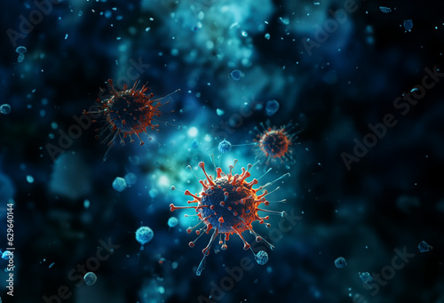 Coronavirus (COVID-19) pandemic risk concept of the COVID-19 virus disease Virus microscope close up view. Generative AI.