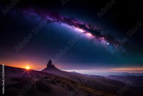 Milky Way arch. Fantastic night landscape with bright arched milky way, purple sky with stars, pink light and hills.