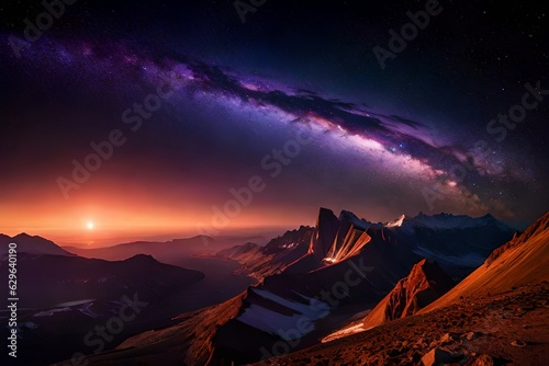 Milky Way arch. Fantastic night landscape with bright arched milky way  purple sky with stars  pink light and hills.