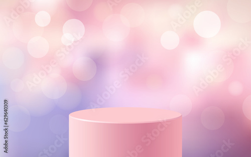 product podium display 3d pastel pink color Empty Cylinder circle and bokeh in purple color background 