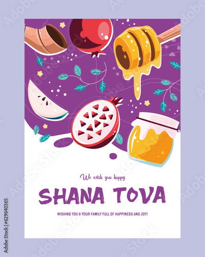 Shana Tova Honey and pomegranate greeting card design, Healthy organic food sweet and nature theme Vector illustration