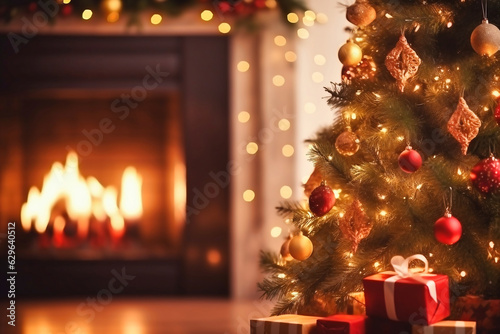 Winter holiday atmosphere in a warm room with a Christmas tree full of lights and toys near a cute fireplace with gifts. Christmas interior. New Year s design. Blurred background. Selective focus.
