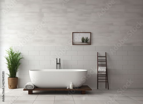 Gray tile bathroom interior with tub and double sink on empty space for text. AI Generative.