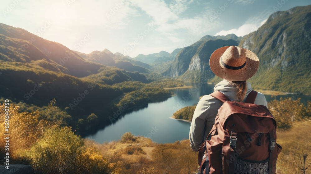 Woman with a hat and backpack looking at the mountains and lake from the top of a mountain in the sunlight, with a view of the mountains