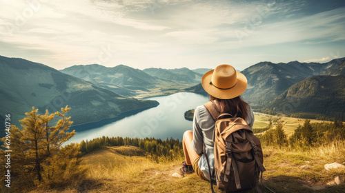 Woman with a hat and backpack looking at the mountains and lake from the top of a mountain in the sunlight, with a view of the mountains